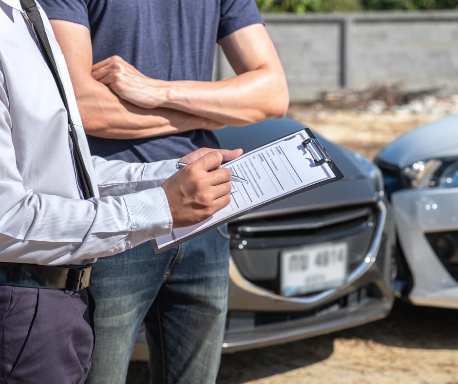 two people looking at sheet of paper on a clip board with cars that have collided behind them